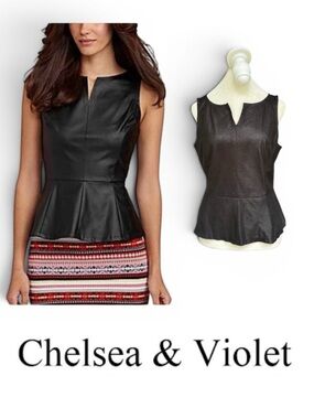 Chelsea & Violet Croc-Embossed Faux Leather Peplum Top in Black Sz M